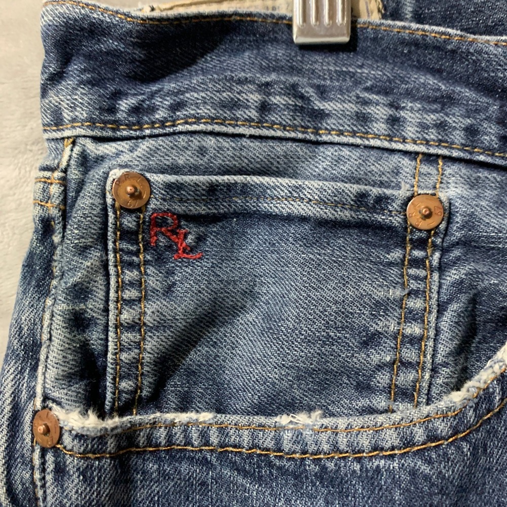 Polo Ralph Lauren Hampton Straight Jeans Mens 35x32 Blue Distressed Preppy - Picture 15 of 16